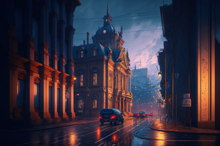 city street at dusk. On the nighttime highway, there are light trails left by driving automobiles, while on the other side are some contemporary structuresの素材