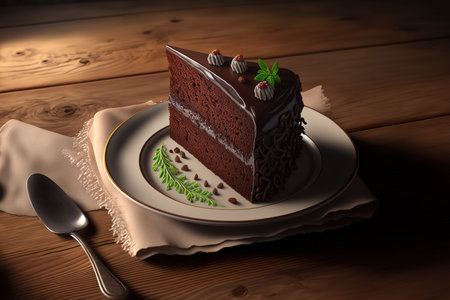 closeup of a delectable chocolate cake on a white dish with a wooden table backgroundの素材