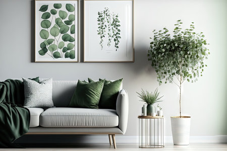Creative living room interior composition with modern home decorations and elegant personal accessories. Eucalyptus wall. Home staging. Template. Copy spaceの素材