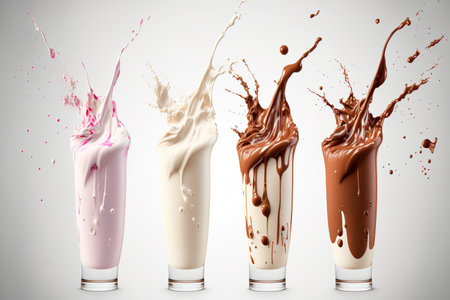 collection of milk shake splashes, isolated on a white backgroundの素材