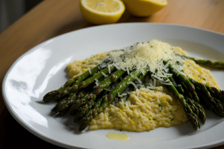cooked asparagus on a white platter with a creamy lemon risotto, parmesan cheese, andの素材