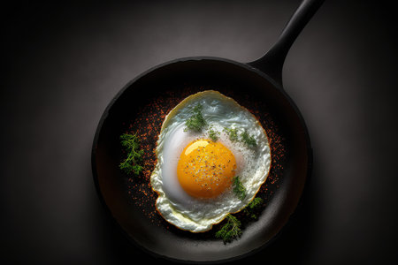 cooked egg. View of a fried egg in close proximity to a frying pan. Fried egg with parsley, on a cast iron skillet against a black background, with salt and spicesの素材
