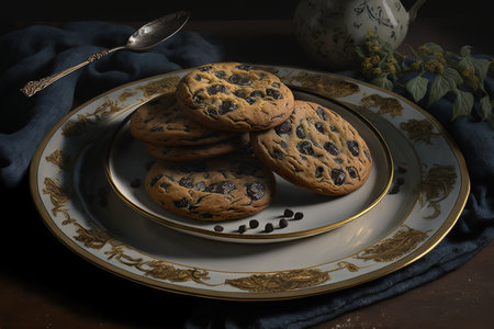 cookies on a plate with dark chocolate chipsの素材