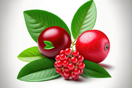 Cranberry on its own. leaves and cranberries on a white background. Three cranberries that have been clipped. whole field of viewの素材