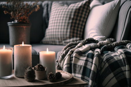 composition of candles on a white table with a plaid covered sofa as the background. Cozy home designの素材