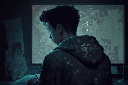 counting starts at zero not one cropped shot of a young male hacker cracking a computer code in the darkの素材