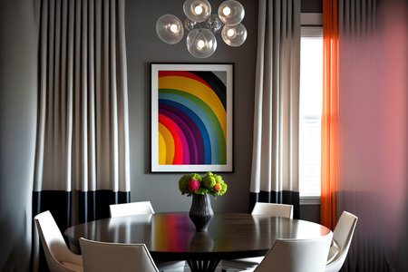 contemporary dining room table, gray drape, and vibrant wallの素材