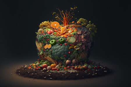 compost made from leftover fruits, vegetables, and plant sprouts. for recycling, trash. Concept of environmental responsibility and food waste. place a copyの素材