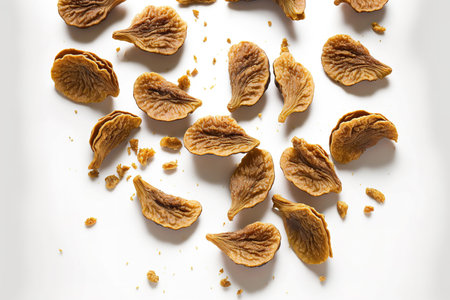 closeup of few delectable dried figs in the air on a white backgroundの素材