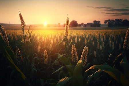 corn field with flowers crane view of morning sunの素材