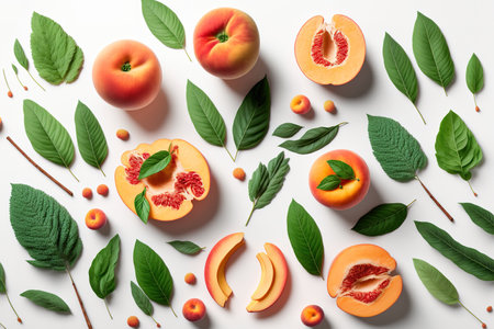 composition in a flat lay with peaches. Peaches with green leaves and ripe fruit on a white backdrop. top perspective, copy space, and a flat lay. Vegan meals and fresh organic fruit. Concept of harveの素材