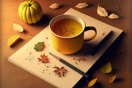comfortable composition for autumn Lemon infused tea in a cup, a blank notepad and pen, and anise stars Candle, yellow leaves, and a scarf on an isolated beige backdrop with a wooden tray. Autumn andの素材