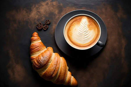 croissant and a cup of cappuccino coffee on a dark table, top viewの素材