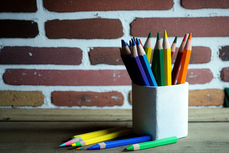 crayons on a wooden desk with a brick wall background. narrowly focused Possibly connected to an educational ideaの素材