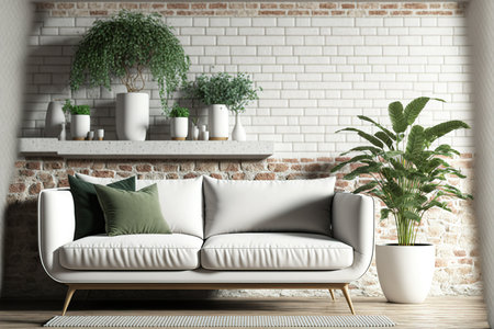 comfortable couch and flowerpots in a mockup of a white living room with a brick wallの素材