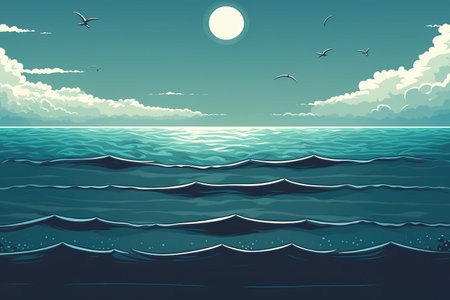 clear skies, a calm ocean with small ripples, and waves in the seaの素材