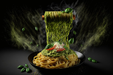 consuming hot pasta with parmesan cheese and fresh basil pesto. Atop a dark background, a plate of spaghetti in pesto sauce with basil is visibleの素材