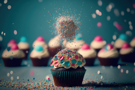 confetti and cupcakes in a party settingの素材