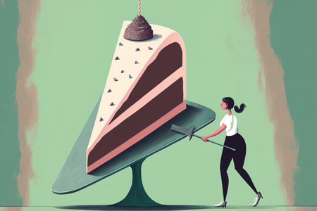 cropped image of a woman carrying a cake slice on a shovel in front of a large cake on a standの素材