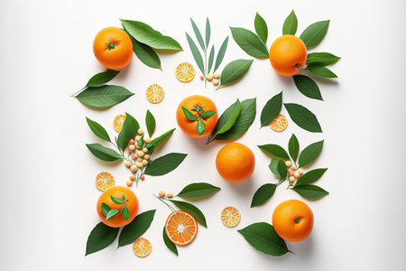 composition of tangerines and leaves in top perspective on a white backdropの素材