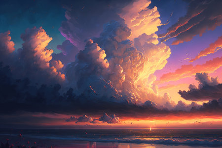 colorful clouds in a cloudscape at sunset close to the oceanの素材