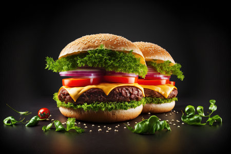 creating a double burger procedure. Two beef burgers and a black burger with lettuce, onion, tomatoes, and pickled cucumbers. On a black background, a delicious fast food meal and some herbs are shownの素材