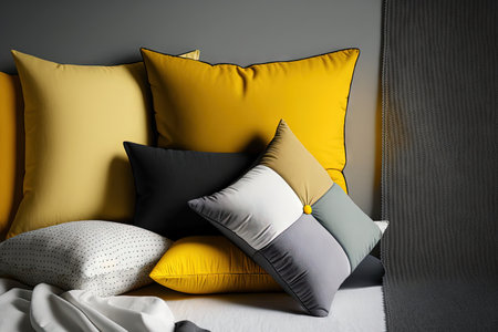 Cushions in two trendy colors of 2021 year illuminating ultimate gray pile on bed Modern interior design Cozy textile Flat lay Interior designの素材