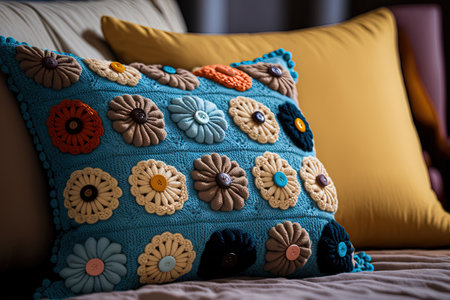 Decorative crocheted pillow with buttons on the bed cover and wallpaper depicting hobbies and leisure timeの素材