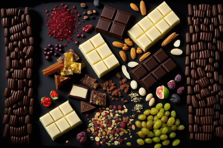Dark, milk, and white chocolate bar bits with hazelnut, almond, raspberry, and pistachio fill the foregroundの素材