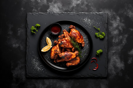 Dark slate, stone, or concrete background with grilled spicy chicken wings with ketchup on a black dish. copy space in the top viewの素材