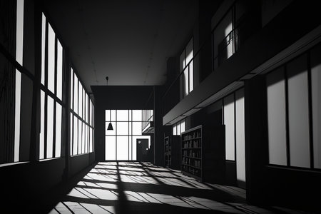 Dark interior shadows in a home background, abstract building shadow and lighting in office area on white wall from windowの素材