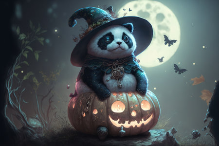 Cute animal watercolor panda figure depicted as a witch on the moon for Halloweenの素材
