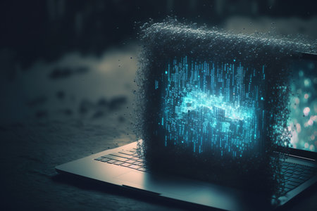 Database and programming concept with a double exposure of an inventive abstract binary code hologram on a laptopの素材