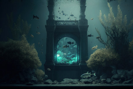 Dark water aquarium with white fishの素材