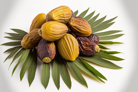 Date fruits in a bunch and a palm leaf, isolated on a white backdropの素材