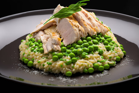 Delicious chicken and green pea risotto. looking upの素材