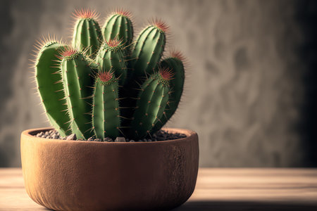 Decorative close up of a fresh green cactus in a brown plastic planter against a concrete backgroundの素材