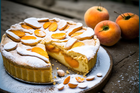 Delicious apricot cake with sugar powder strewn on a patio tableの素材