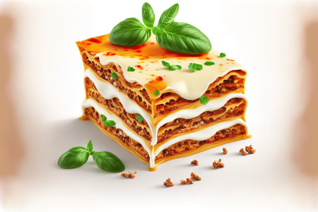 Delicious Homemade Italian Lasagna on White Background with Bolognese and Bachamel Sauce. Delicious, piping hot lasagna with parmesan. both a menu and a recipe. a side viewの素材