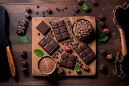 Delicious chocolate in a flat lay composition on a wooden backgroundの素材