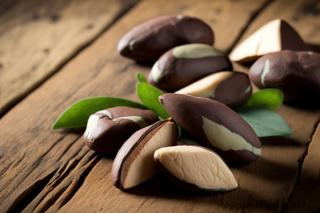 Delicious brazil nuts against a wooden backgroundの素材