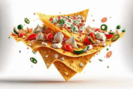 Delicious flying nachos from Mexico, isolated on whiteの素材