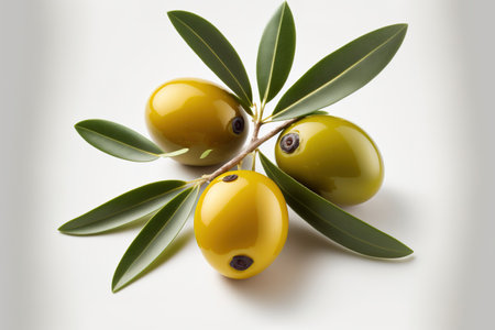 Delicious green olives with leaves, three, isolated against a background of whiteの素材