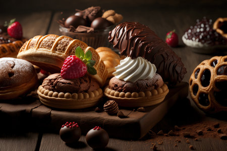 Delicious chocolate pastries close up on a tableの素材