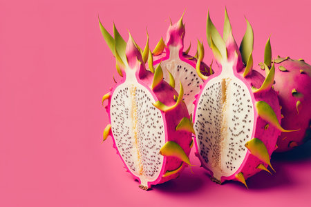 Delicious dragon fruit pitahaya slices in a flat lie position against a pink background. Room for textの素材