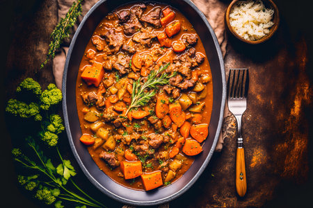 Delicious top view flat lay of a beef stew meal with potatoes, carrots, and gravy in a rustic vintage metal bowl with a spoon, a bouquet of fresh parsley, garlic cloves, and spicesの素材