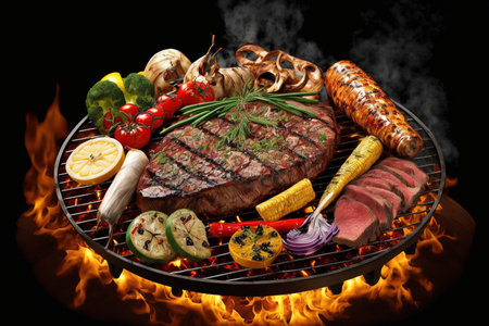 Delicious grilled meats and veggies of all varieties sizzle on the barbecueの素材