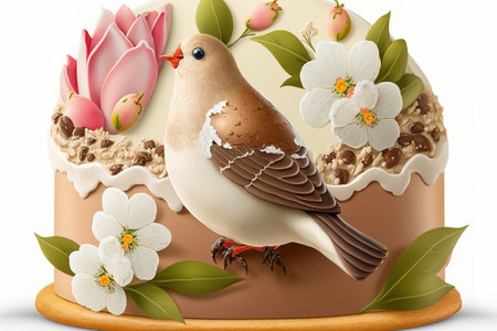 Dove Cake, an Italian Easter custom topped with frosting and nuts. Valentine of Easter. springtime blooms looking upの素材