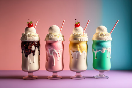 Delicious milkshakes in glasses on a colored backgroundの素材