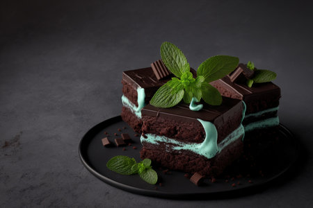Dessert of dark chocolate and cocoa brownie fudge cakes with mint on a background of black and grey stoneの素材